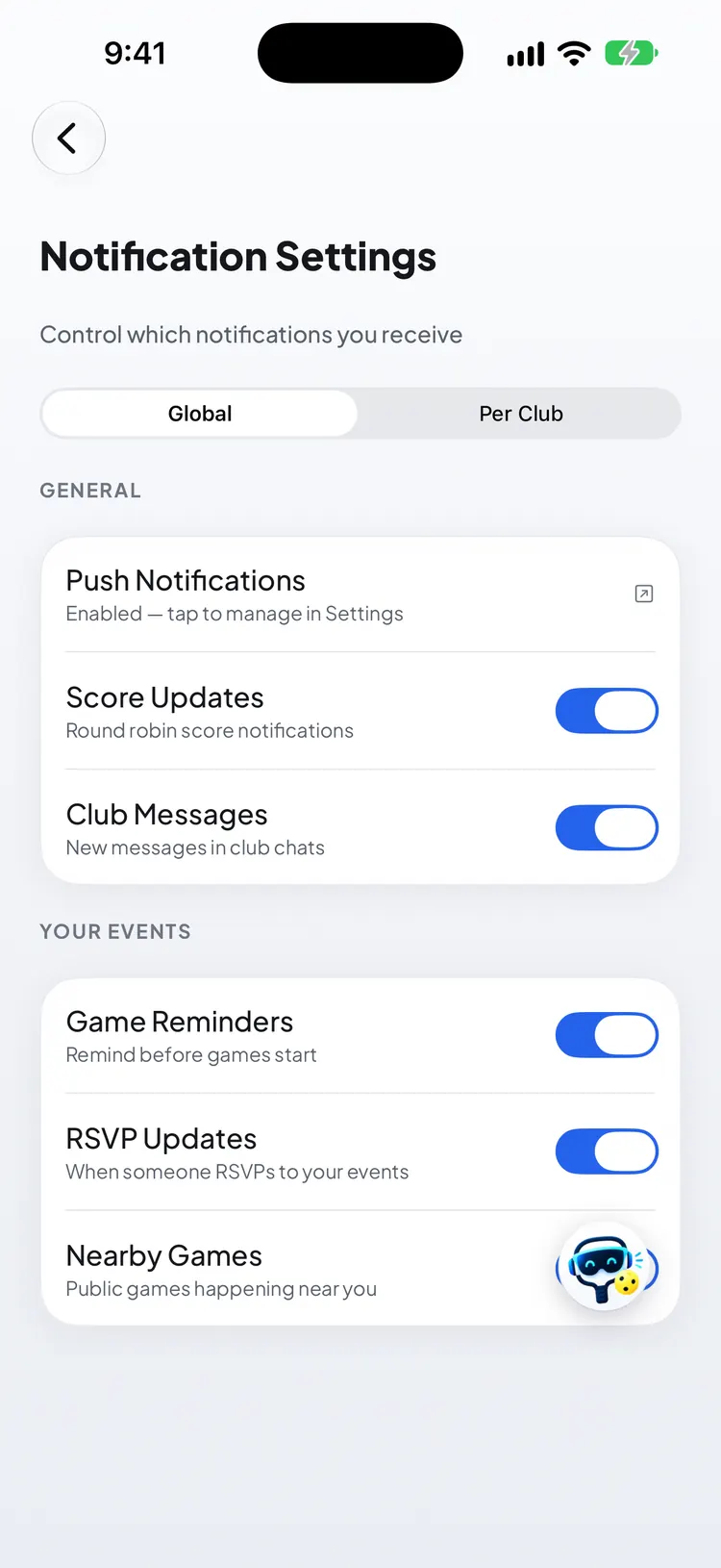 Notification Settings, Global tab: Push Notifications, then switches for scores, messages, reminders, RSVPs, nearby games