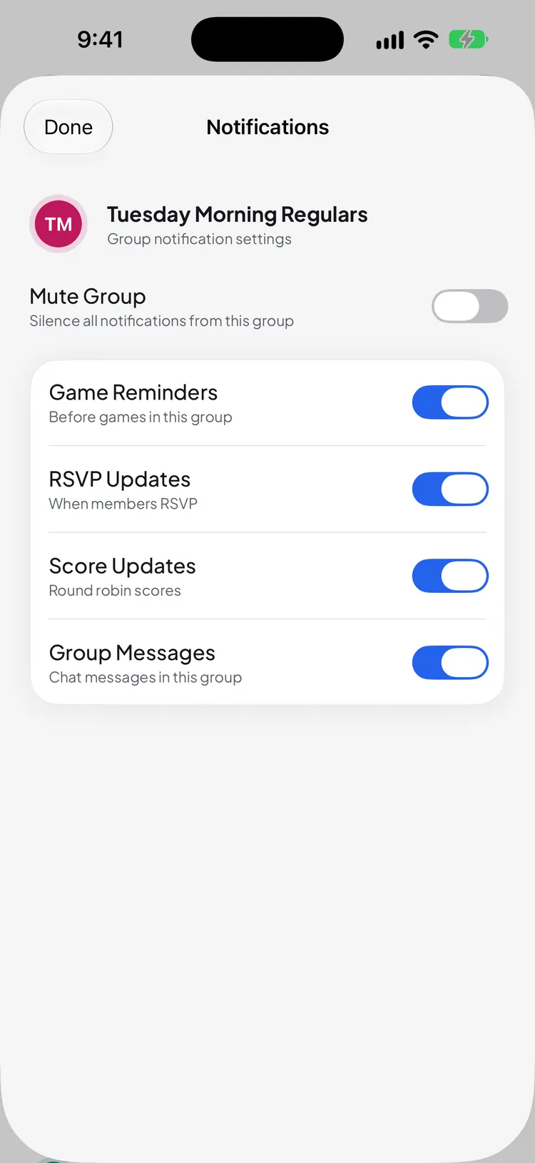 A group's notification settings: a Mute Group switch, then game reminders, RSVP updates, score updates, group messages