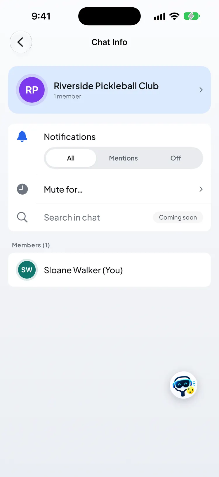 Chat Info for a club chat, with Notifications set to All, Mentions or Off and a Mute for row