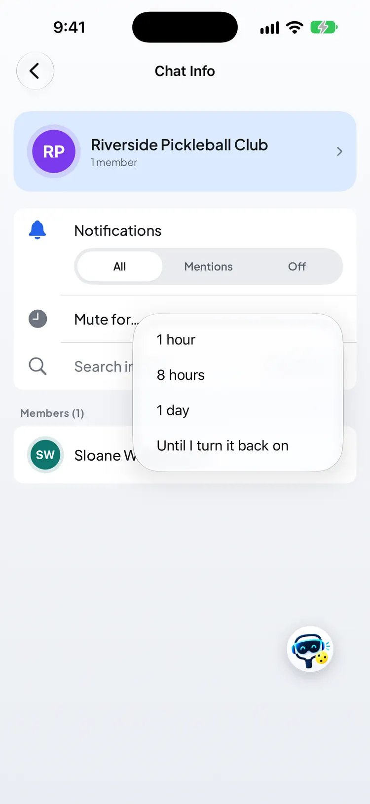 The Mute for menu with 1 hour, 8 hours, 1 day and Until I turn it back on