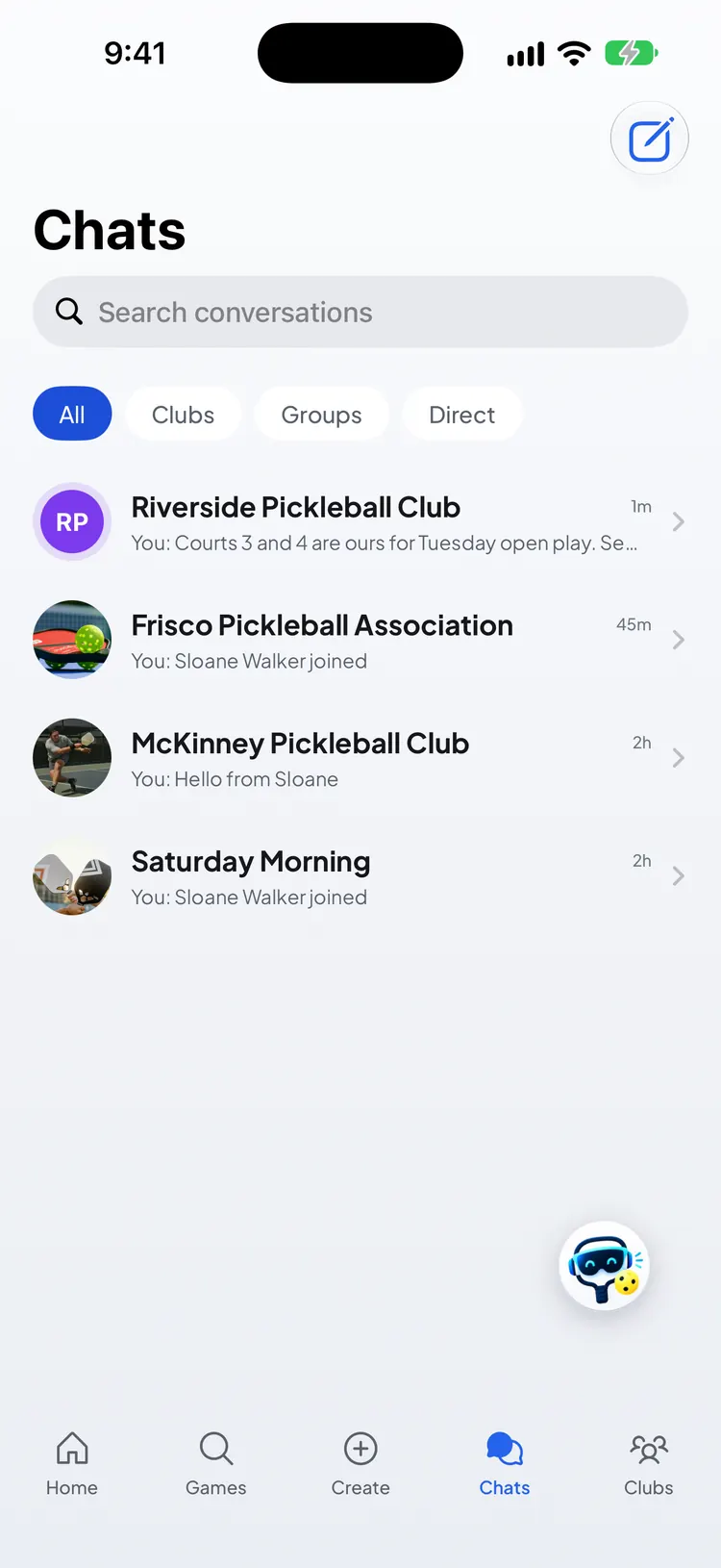 The Chats tab with All, Clubs, Groups and Direct filters above a list of club and group chats