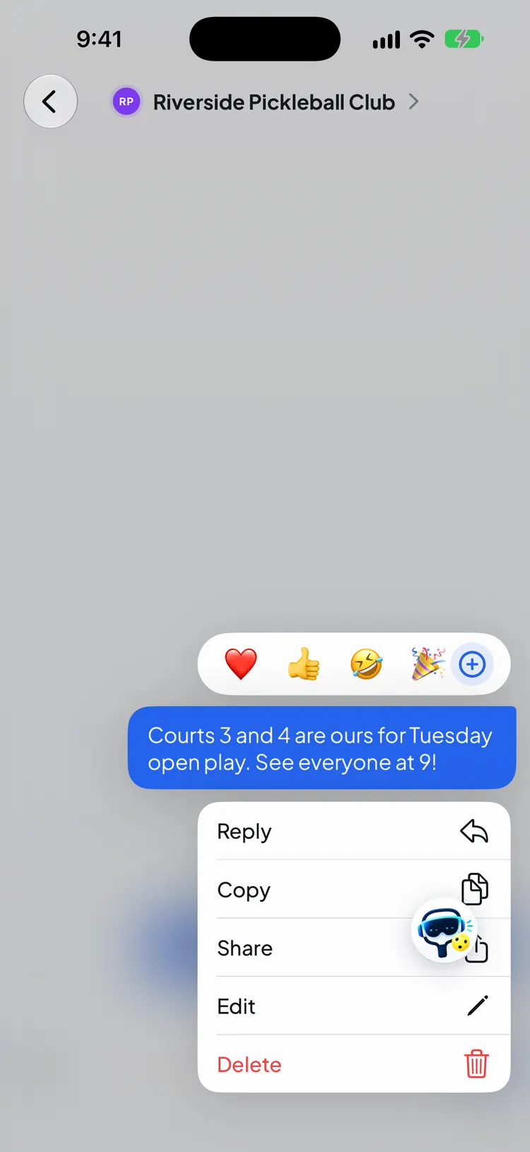 Holding a message shows emoji reactions and a menu with Reply, Copy, Share, Edit and Delete