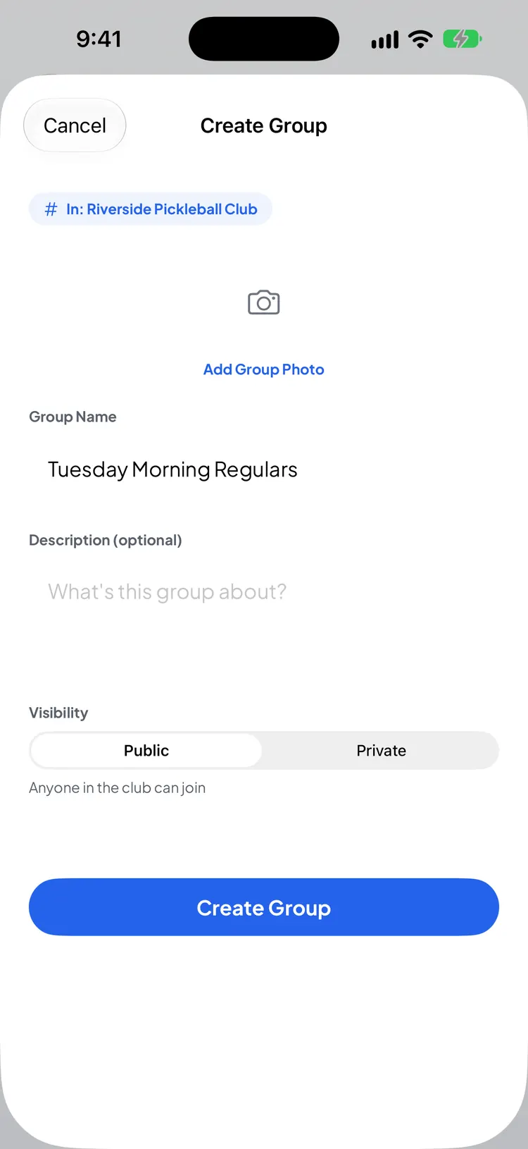 The Create Group form for Tuesday Morning Regulars, with a description box and Public or Private visibility