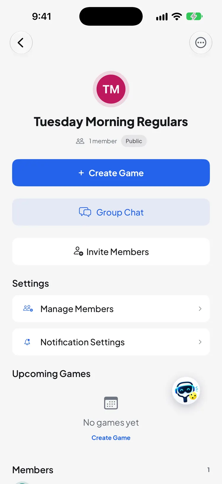 An admin's group page: Create Game, Group Chat, Invite Members, Manage Members, Notification Settings and Upcoming Games