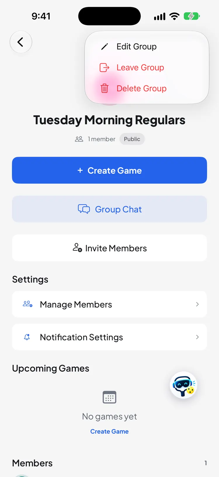 The group menu open with Edit Group, Leave Group and Delete Group