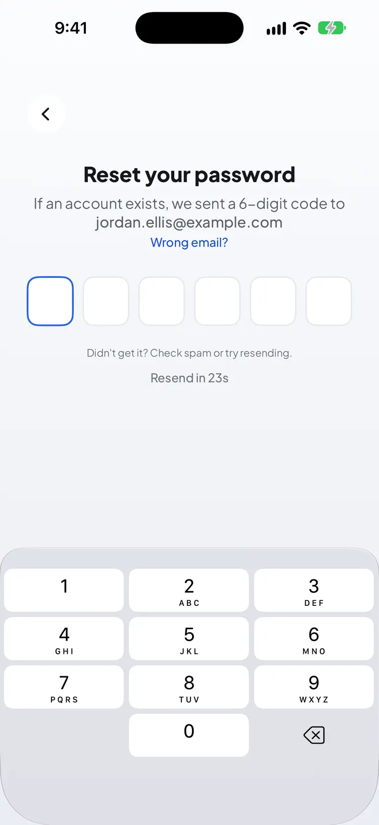 The Reset your password screen asking for the 6-digit code that was emailed, with a Wrong email? link