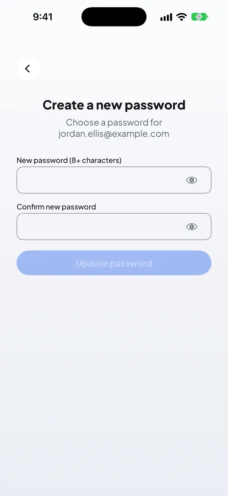 The Create a new password screen with New password, Confirm new password and an Update password button