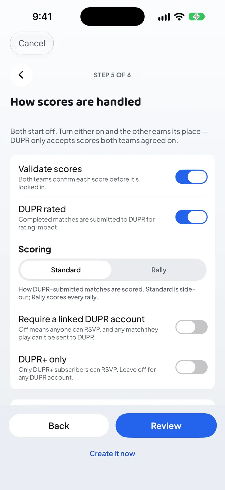 How scores are handled: Validate scores and DUPR rated on, Standard or Rally scoring, and Require a linked DUPR account